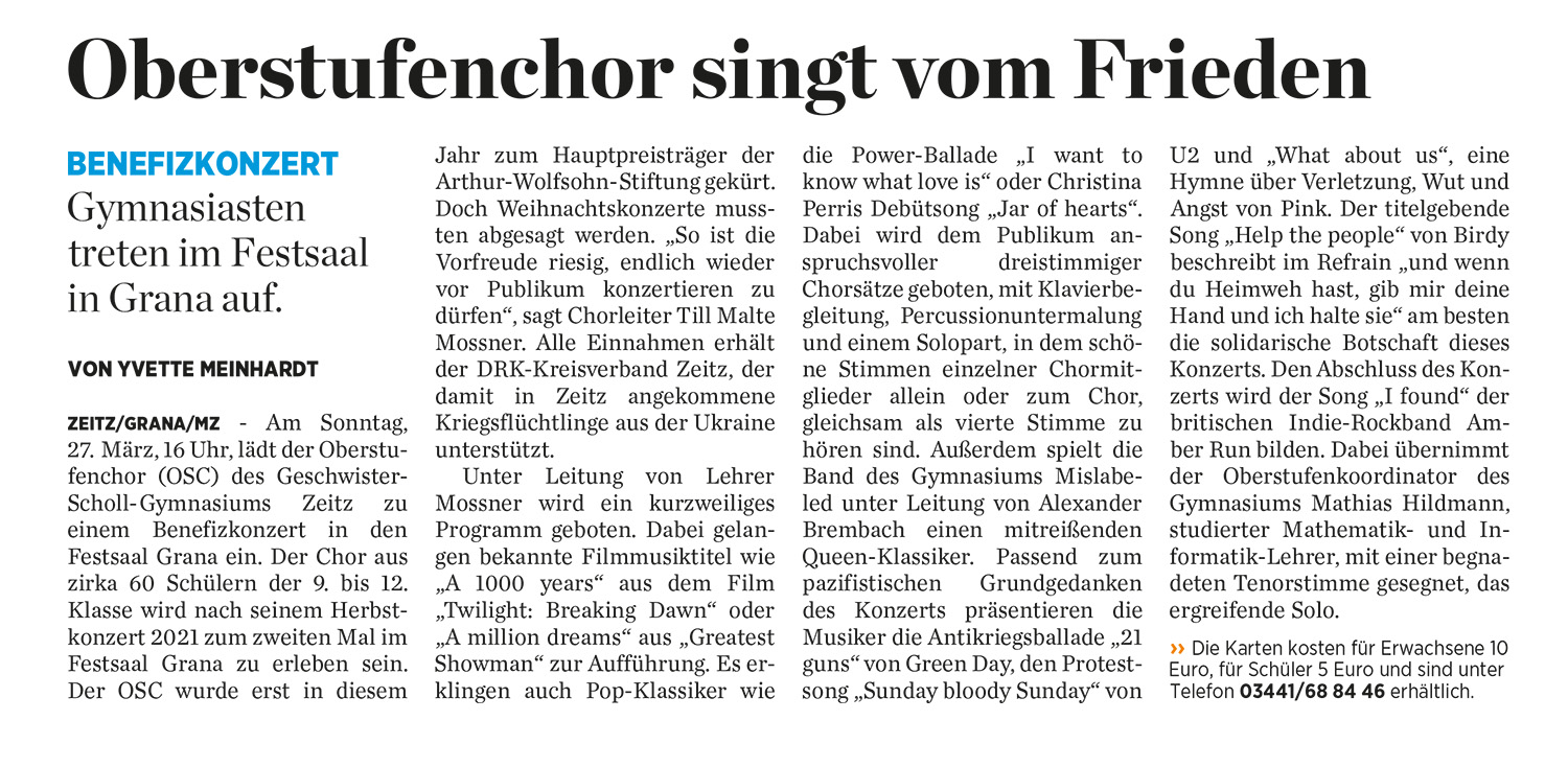 Artikel Oberstufenchor singt vom Frieden